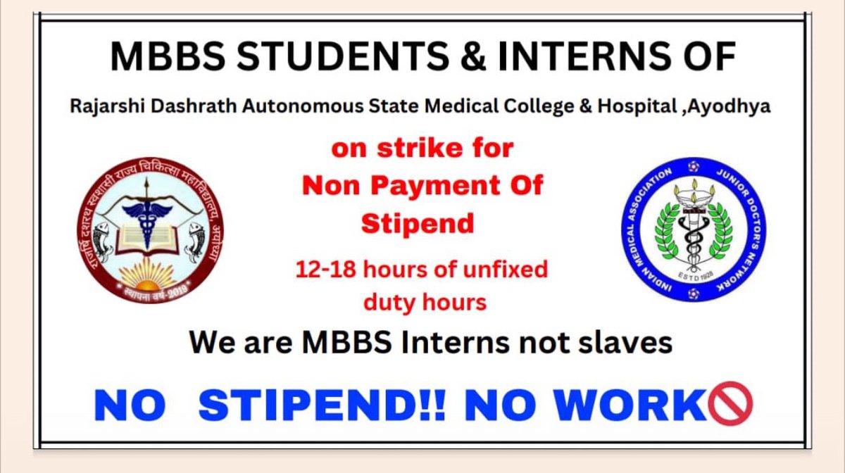 imajdnup's tweet photo. The medical interns of Rajarshi Dashrath Autonomous State Medical College & Hospital , #Ayodhya have started a strike from today for the non payment of stipend. They waited for the response from official authorities neither did they consider the basic rights nor did they reply to them,so they started with the strike. It's not just an issue only of this college, it's happening in many colleges. 

IMA-JDN UP stands in solidarity with their demands and requests Hon'ble Union Health Minister Shri @JPNadda ji and Dy CM & Health Minister UP Shri @brajeshpathakup ji to take some quick action.

@ANI @aajtak @IndiaToday @indiatvnews @MoHFW_INDIA @CMOfficeUP