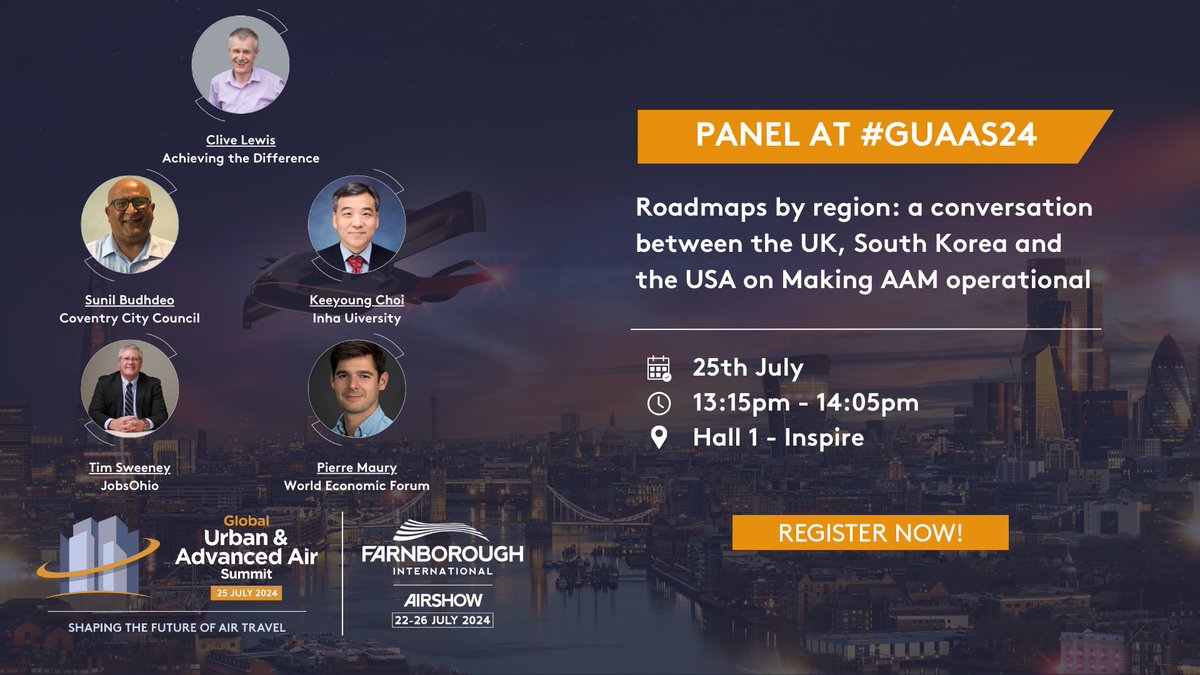 ✈️ Roadmaps by Region: A Conversation on Making AAM Operational*
Join us for an insightful panel discussion with experts from the United Kingdom, South Korea, and the USA as they explore the future of our skies with traditional aircraft, eVTOLs, and drones. 🌍 #FIA2024 #GUAAS24