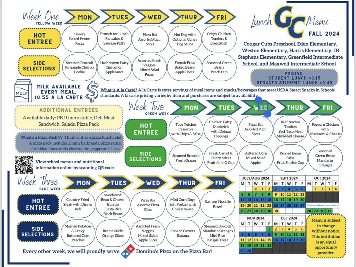 jlthompson26's tweet photo. Below you will find first semester’s breakfast and lunch menus as well as food service quick links, including EZ School Pay and the link for free/reduced lunch application. We appreciate our food service team as they prepare for another great year! #1GC https://t.co/fnowXMdBse