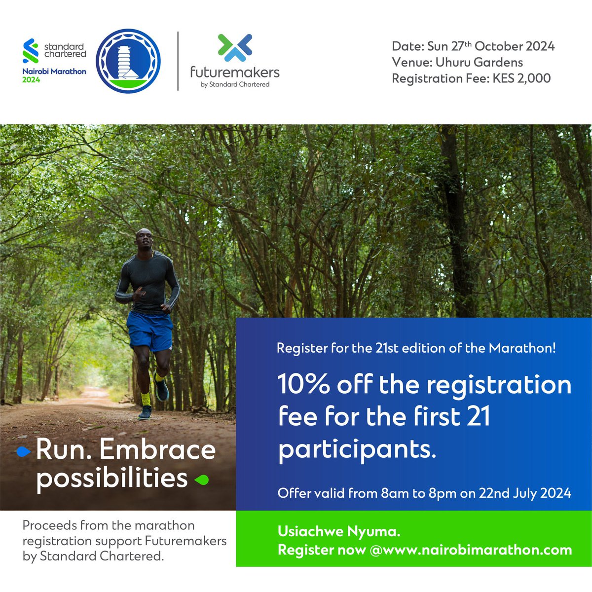 StanChartKE's tweet photo. Here is a special #StanChartNairobiMarathon offer you cannot miss! 😁 The first 21 people to register next week Monday 22nd 2024, will get a 10% discount. Register here: https://t.co/PEhzXaWU8e https://t.co/bi9vwq3a2v