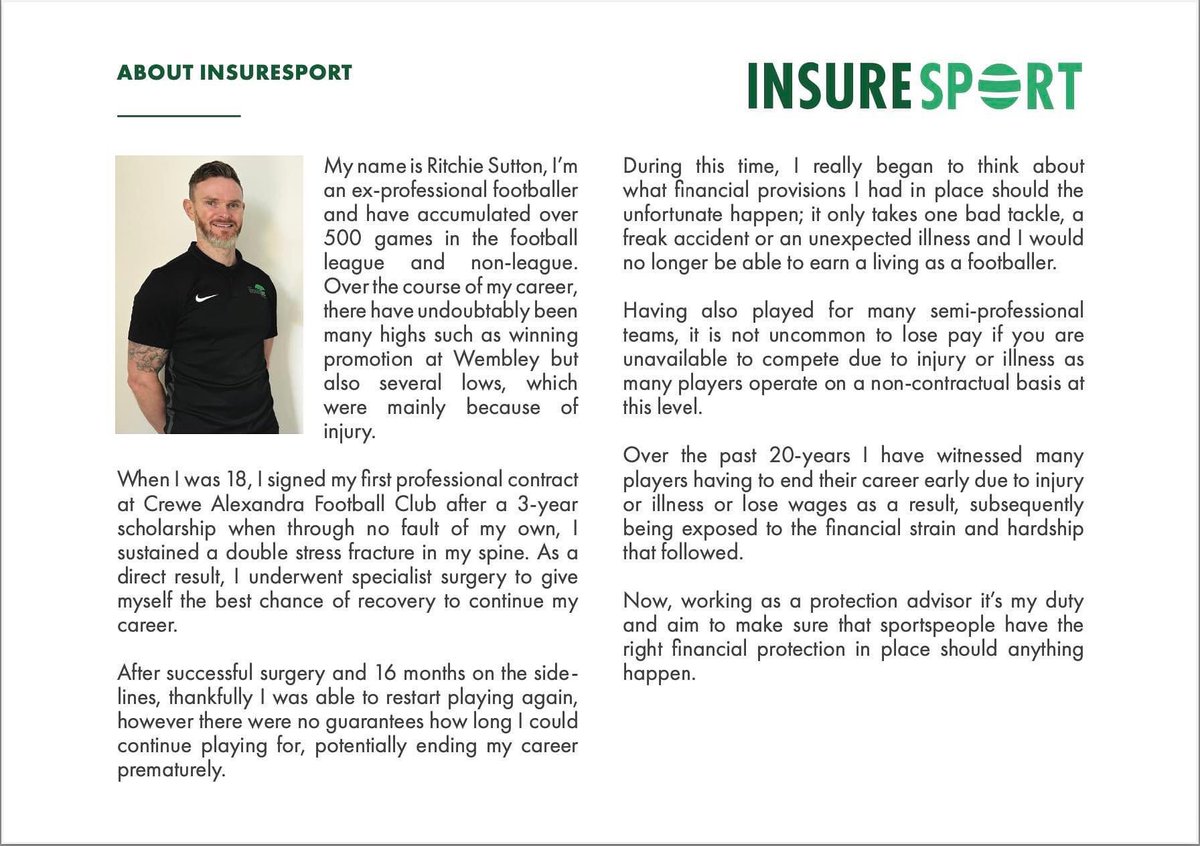 suttonra's tweet image. After a great deal of hard work behind the scenes #InsureSport is ready to go as a sub-brand of @insurelifegroup - This will allow us to help a greater variety of people with specific needs of protection 💚