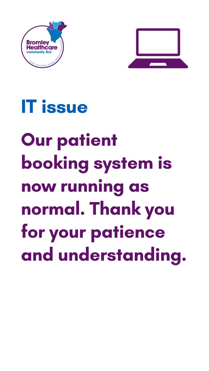 IT outage update: Bromley Healthcare's patient booking system is now running as normal. Thank you for your patience and understanding. 

For more information on wider NHS systems: england.nhs.uk/london/2024/07…