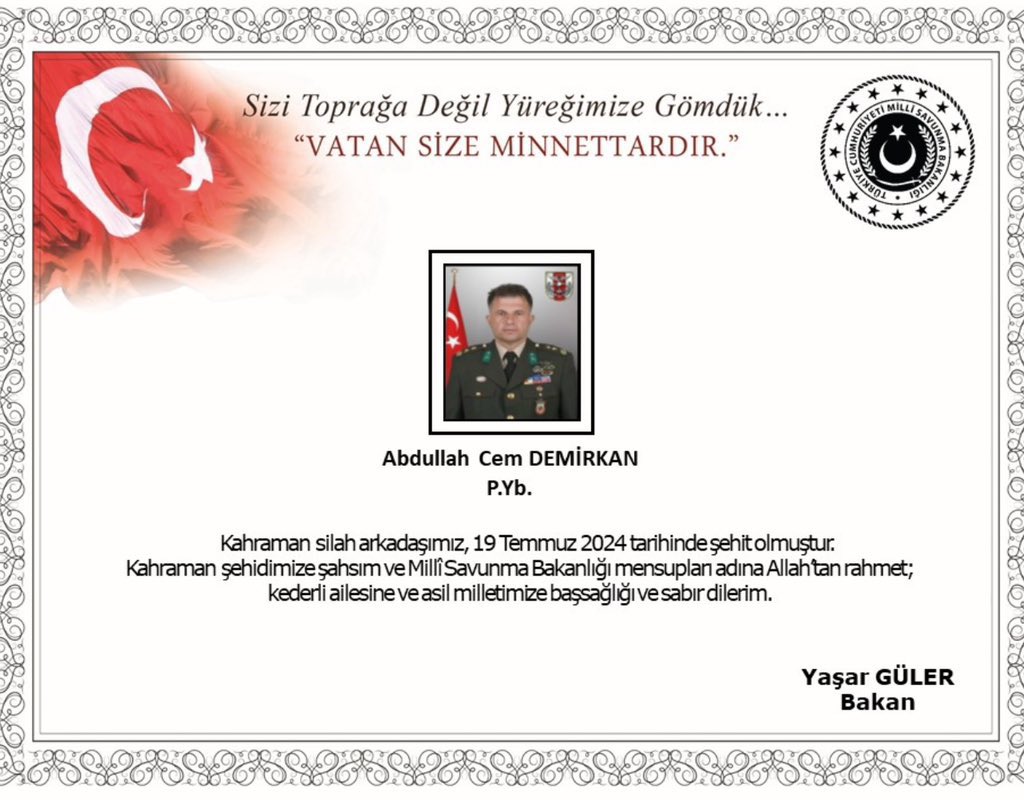 Pençe-Kilit operasyonu bölgesinde şehit olan kahraman askerimiz Piyade Yarbay Abdullah Cem Demirkıran’a Cenab-ı Allah’tan rahmet; kederli ailesi ve aziz milletimize sabır ve başsağlığı diliyorum. Rabbim, şehidimizin makamını âli eylesin.