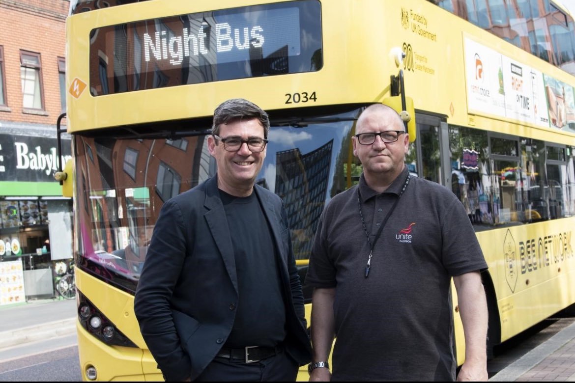 From 1st September, buses will run 24hr day on the V1 and 36 routes as a pilot for a late night transport offer. A great initiative from <a href="/AndyBurnhamGM/">Andy Burnham</a> <a href="/Sacha_Lord/">Sacha Lord</a> Vernon Everitt, <a href="/BeeNetwork/">Bee Network</a> and Operators, and <a href="/unitetheunion/">Unite the union: join a union</a> to support night workers across our city-region.