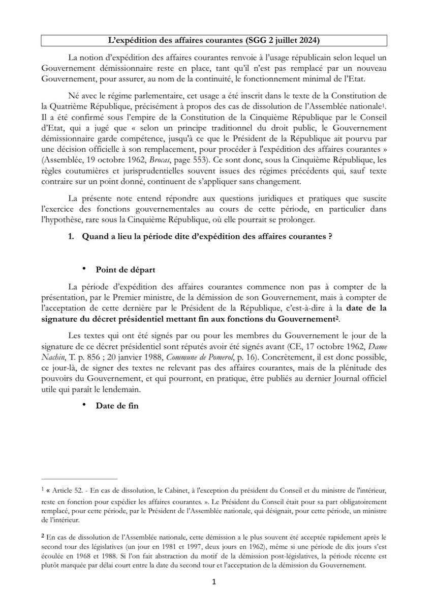 [DOCUMENT] La (désormais fameuse) note du secrétariat général du gouvernement (SGG) sur l'expédition des "affaires courantes" par un gouvernement démissionnaire ⤵️

drive.google.com/file/d/1nbh6NB…