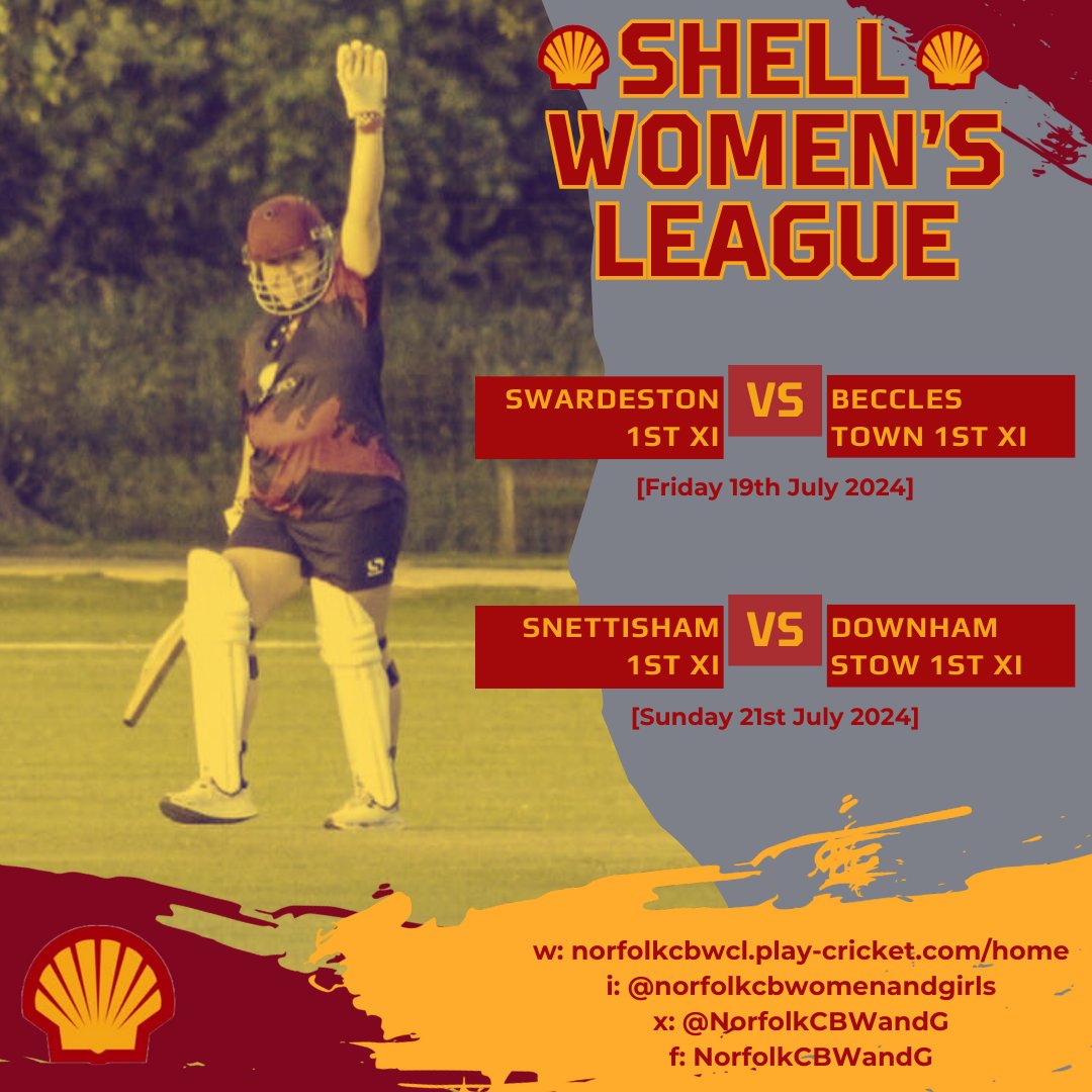 NorfolkCBWandG's tweet photo. 📢Shell Fixtures📢
2 matches scheduled this weekend, one of which took place last night, & Swardeston came out winners:
▶️Swardeston (85-0) v Beccles Town (84-6)
Sunday
▶️Snettisham v Downham Stow
#WomensCricket #NorfolkCricket #ShellLeague #WeGotGame #TakeHerLead #HerGameToo https://t.co/NFf2XPEZ8U