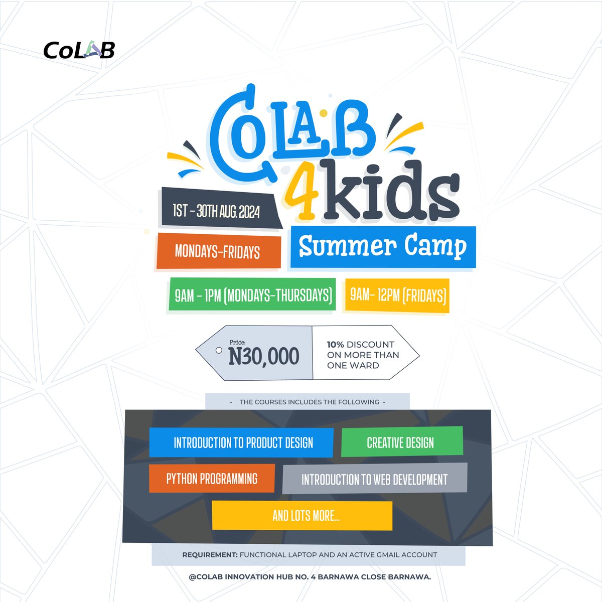 CoLab_kd's tweet image. This summer, give your kids a head start in tech with CoLab for Kids Summer Camp! Fun, educational sessions on coding, design, and more await. Let&apos;s ignite their curiosity and creativity in a tech-driven world. Enroll now and watch them thrive! #CoLabForKids #SummerCamp