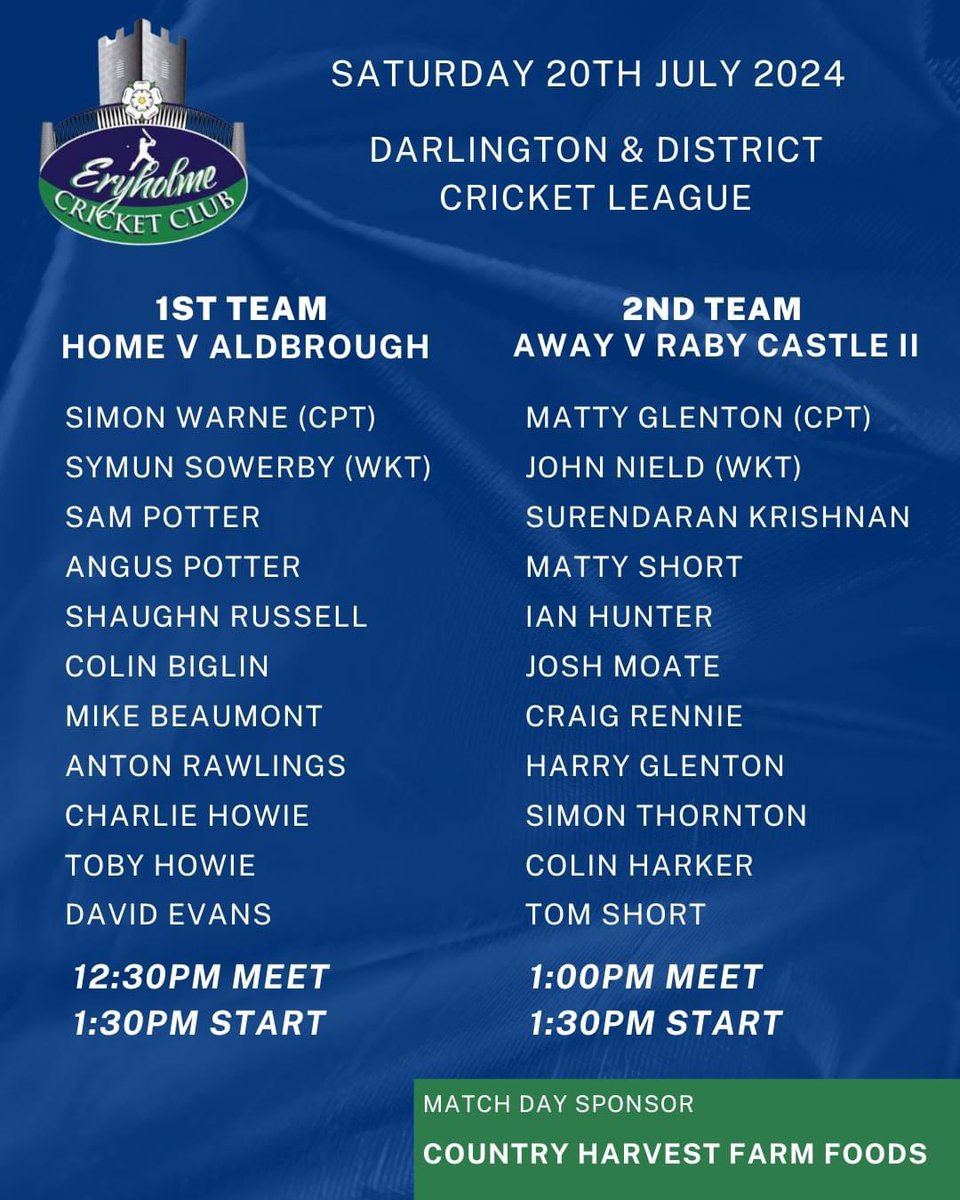 Both teams in action today on a warm and humid day! 

Good availability this week means two strong sides, both looking to pick up positive results.

Thanks to this week's match day sponsor Country Harvest Farm Foods.

🏏☀️

#UpTheHolme