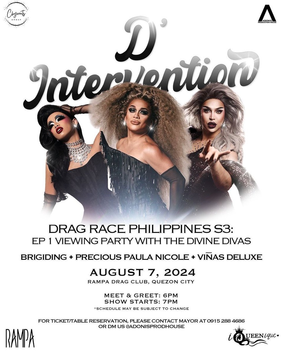 TeamPPN's tweet photo. D’Intervention will be back back back again for Drag Race Philippines Season 3! 🏁✨

Come and join the Divine Divas with very special guests for the Episode 1 viewing party this August 7, 2024 at Rampa Club! 

For ticket inquiries, contact 09152884686 or DM adonisprodhouse on IG https://t.co/WqpPWsQgv2