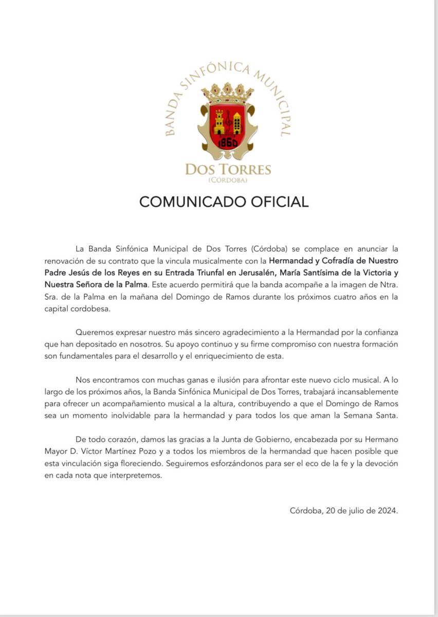 BSMdeDosTorres's tweet photo. ℂ𝕠𝕞𝕦𝕟𝕚𝕔𝕒𝕕𝕠 𝕠𝕗𝕚𝕔𝕚𝕒𝕝 

Renovación con @BorriquitaCor para el acompañamiento musical de Nª Sra. de la Palma durante los próximos cuatro años. https://t.co/8G4n3EQli6