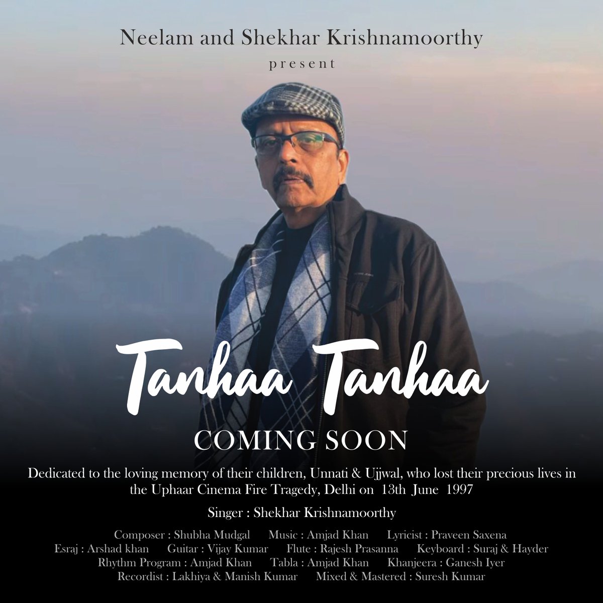 Neelamshekhar's tweet photo. Tanhaa Tanhaa  is a tribute to our children Unnati &amp; Ujjwal who lost their lives in the Uphaar fire. Life without them  has lost all meaning. This track narrates the loneliness and agony we continue to undergo which we share with you through this song.
#Trialbyfire  #Uphaarfire https://t.co/LpBc7sBG9N
