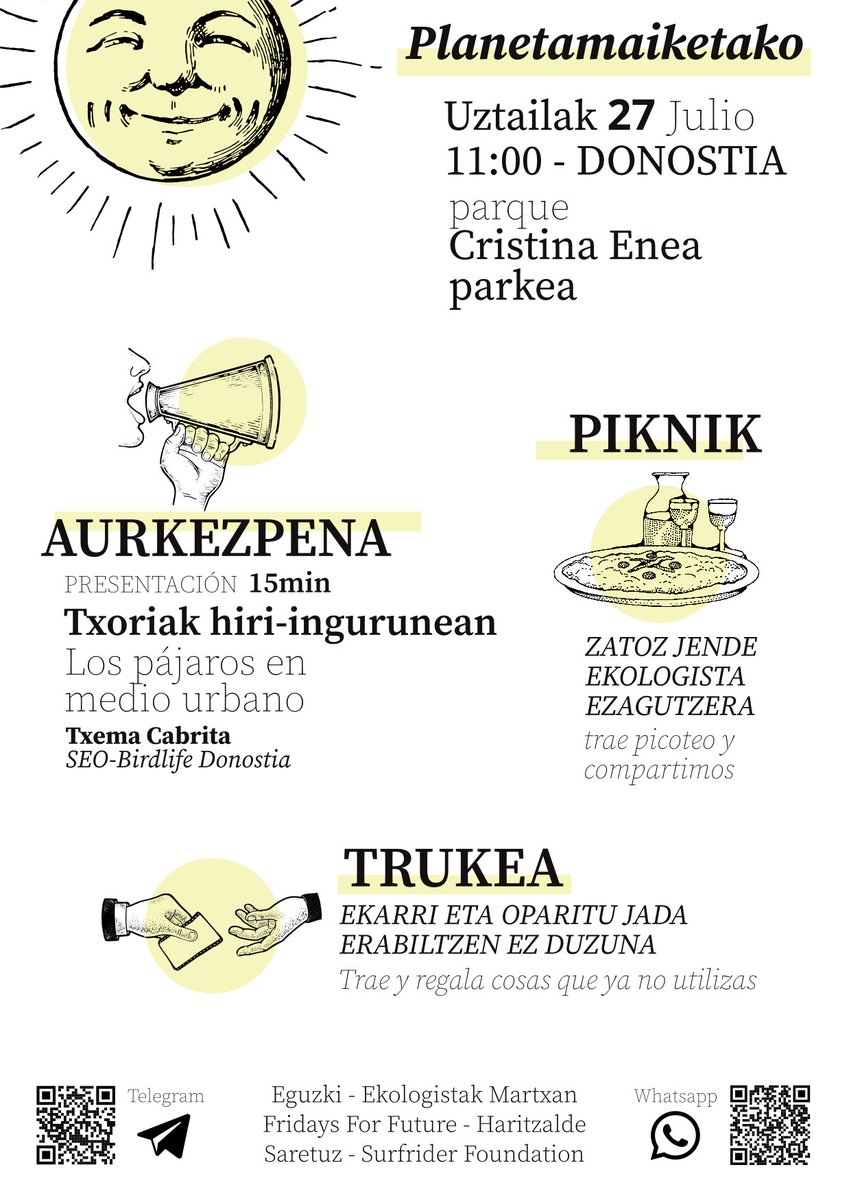 🌞 #PLANETAMAIKETAKO sobre los pájaros en medio urbano.

🗓 Este sábado 27 de julio, a las 11:00
📍 Parque Cristina Enea
Txema, de SEO Birdlife Donostia, hablará de pájaros en medio urbano 🐦🏢.

💚 Picotear, intercambiar, aprender, y pasarselo bien