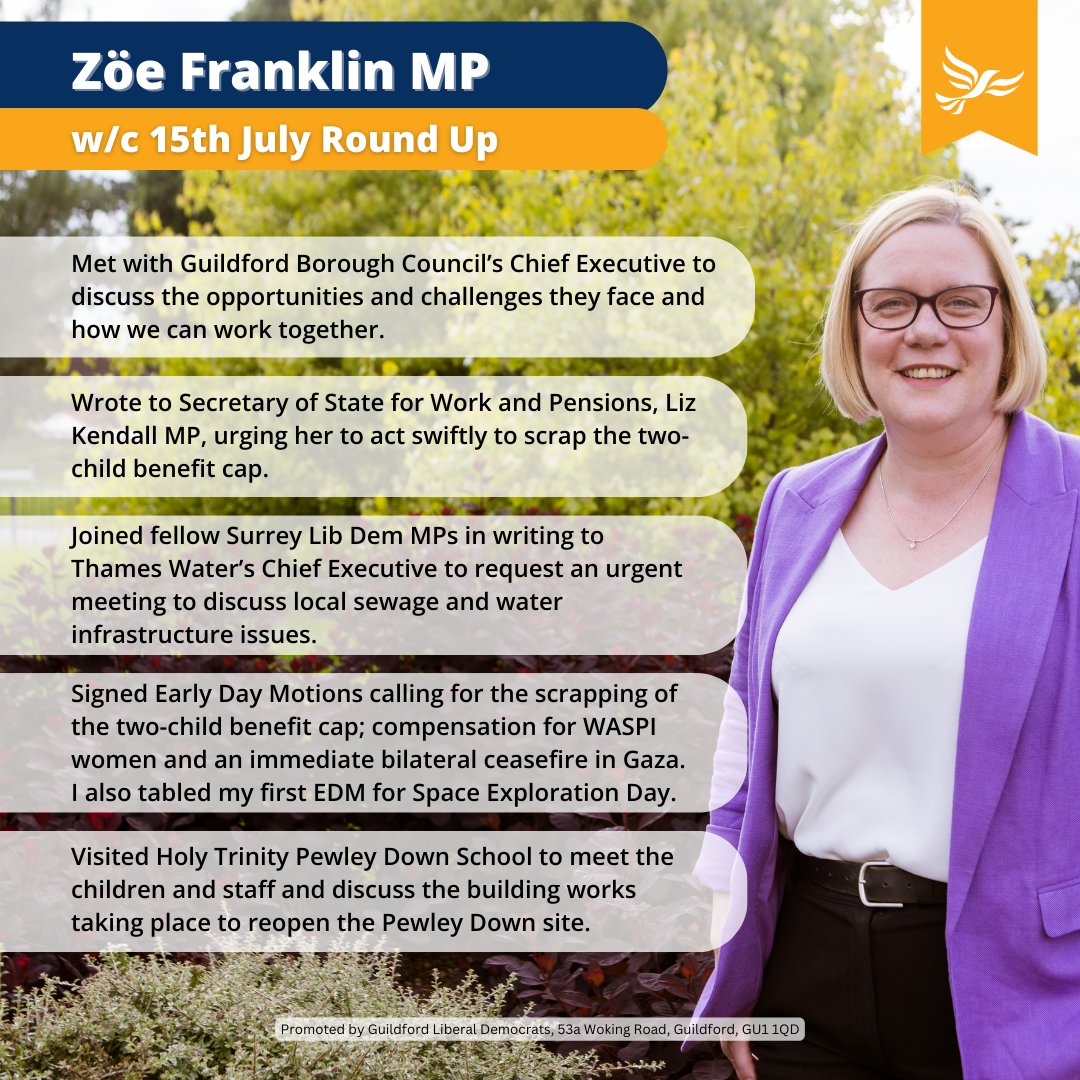 ZoeFranklinLD's tweet photo. My second week in Parliament at the new MP for #Guildford and our villages and it's been a busy one!
Here's a snapshot of what I've been up to. https://t.co/MhCKB28CDw