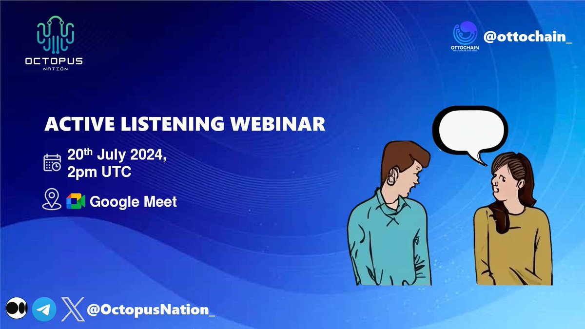 OctopusNation_'s tweet photo. Exciting news,
Octopus Nation! 🌟 We're hosting a webinar on Active Listening on
🗓️July 20th - 2PM UTC.
Discover the power of listening to build stronger connections, improve communication & enhance empathy.🌿👂
Don't miss out!
#ActiveListening #Webinar #OctopusNation https://t.co/djeNKj81Tr
