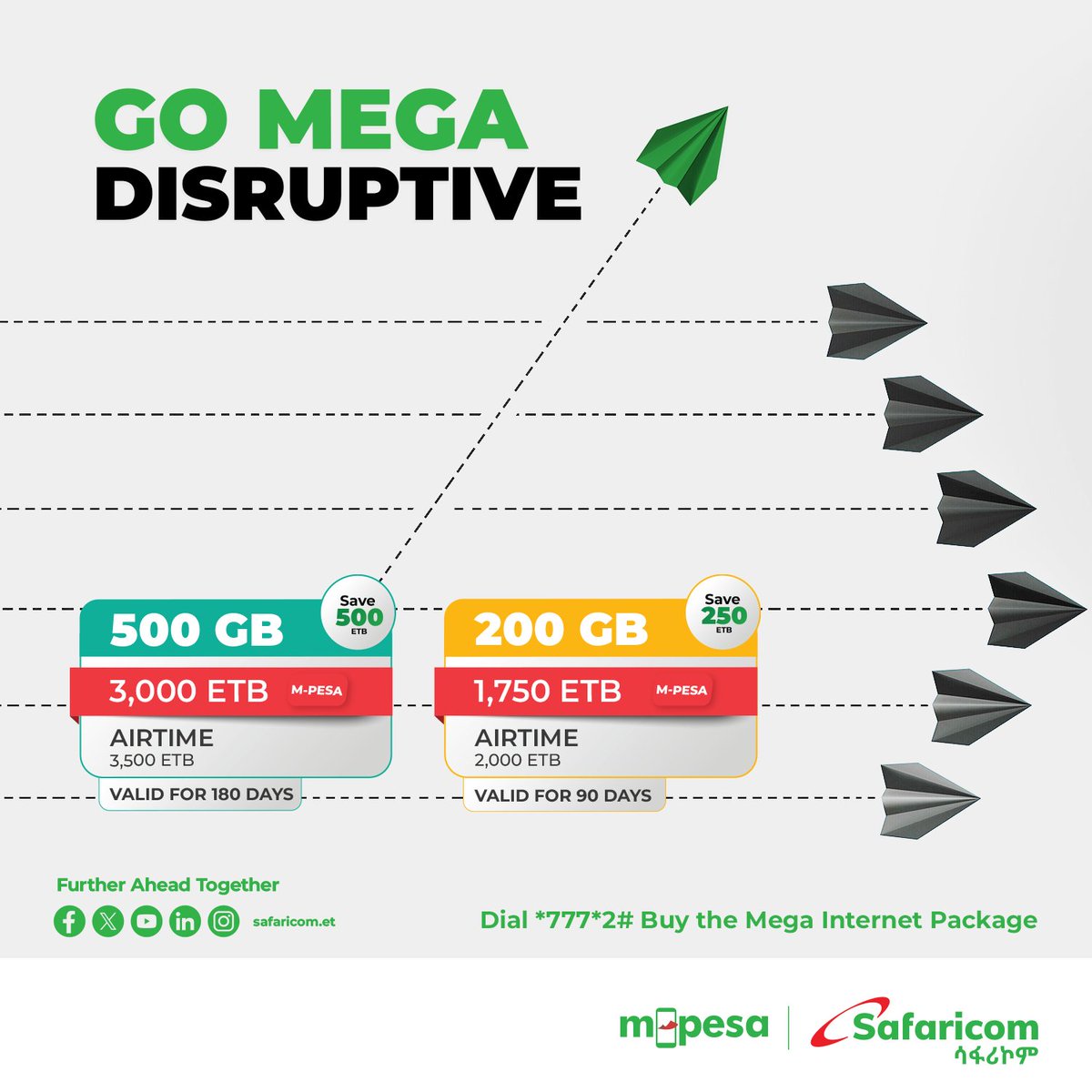 Enjoy massive data and extended validity, designed to fuel your digital lifestyle. Stream, work, and connect without limits. Because innovation means more than just speed; it's about value and freedom.

#MPESASafaricom
#SafaricomEthiopia
#1wedefit 
#Furtheraheadtogether