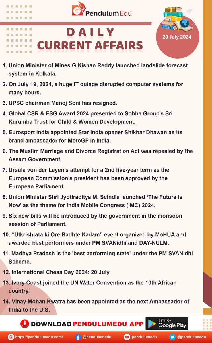 pendulumedu's tweet photo. Read Daily Current Affairs of 20 July 2024 - https://t.co/nVMiGYu0ST
#20Julycurrentaffairs #HugeIT #UPSC #ManojSoni #GlobalCSR #ESGAwards #EuroSportring #ShikharDhawan #MotoGP #MuslimMarriage #DivorceRegistrationAct #EuropeanParliament #IndiaMobileCongress #MonsoonSession https://t.co/nNvGTsi9Lv