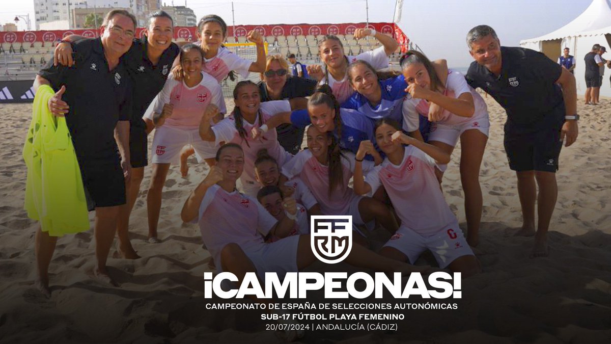 ffrm_se's tweet photo. 🏆🥳 ¡¡¡𝗖𝗔𝗔𝗔𝗔𝗔𝗔𝗔𝗔𝗔𝗠𝗣𝗘𝗢𝗡𝗔𝗦!!! 

🥇 ¡La FFRM Sub-17 de fútbol playa vence a Galicia en la final en la prórroga (5-4) y se cuelga el ORO en Cádiz 🏝️!

😀 ¡Nos habéis hecho soñar, creer, disfrutar y ganar! 😍 ¡Somos campeonas de España 🇪🇸!

✨ ¡Nuevo gran éxito para nuestro #BeachSoccer 🌴! ¡Vaaaaaaaaamos! #VamosFFRM 🫂