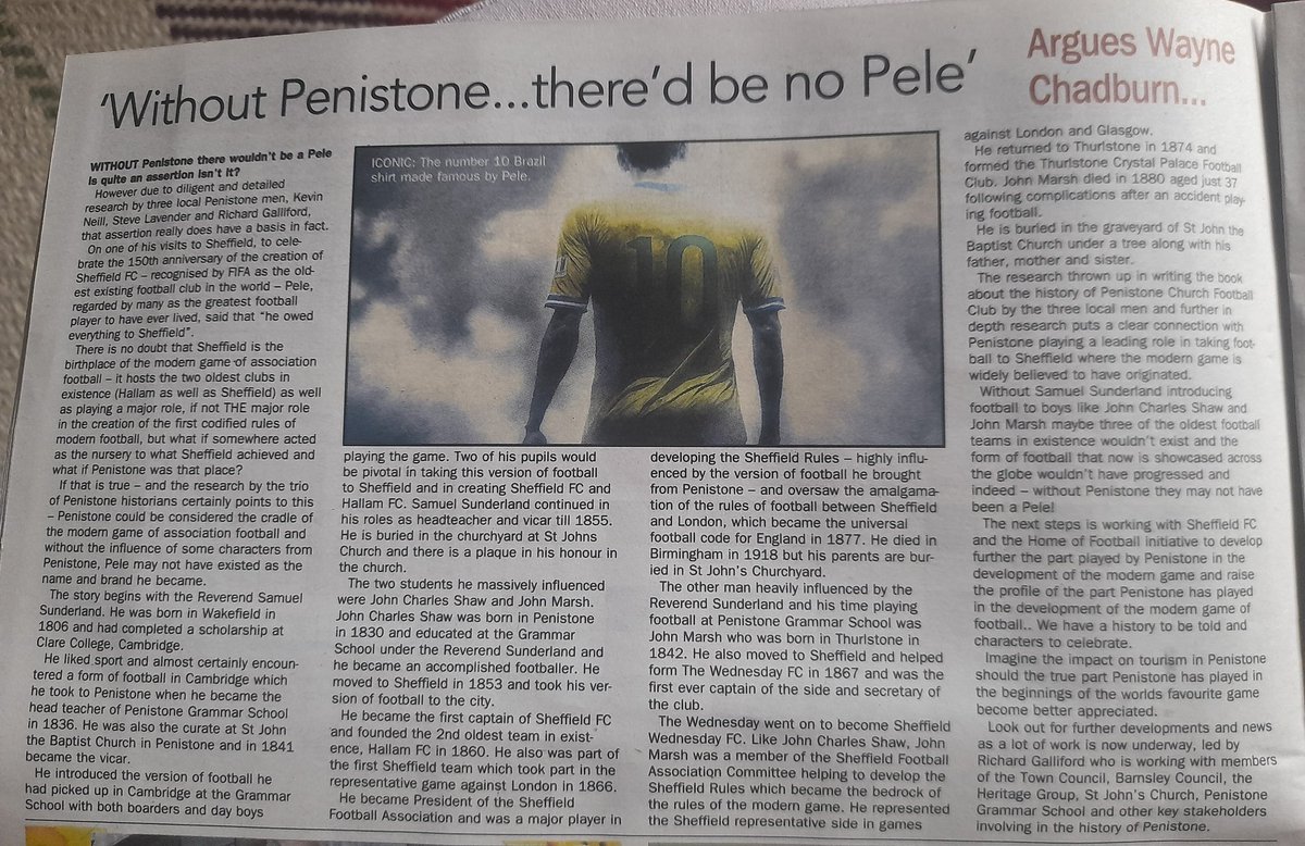 My piece in the Summer Living insert of the <a href="/ChronOnline/">Barnsley Chronicle</a> arguing that without #Penistone there wouldn't have been a #Pele 
- may sound incredible but there is a lot of evidence that points to Penistone being the cradle of the modern game of #football