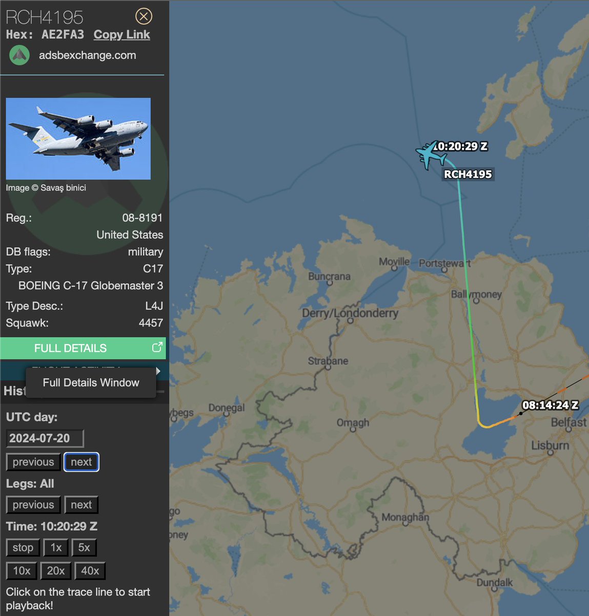 TheSnoopySnoop's tweet photo. #RCH4195 C-17A Globemaster III #AE2FA3 08-8191

Just departed Belfast heading to Andrews. Arrived at midnight from the east Mediterranean

#avgeek #planespotting https://t.co/39Z2khBSdk