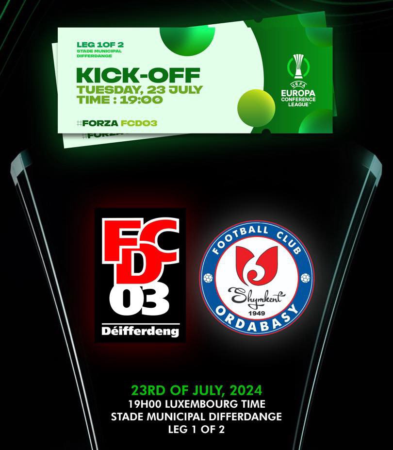 ❗️UEFA CONFERENCE LEAGUE

First leg of the UEFA Conference League qualification round 2 is only 0️⃣3️⃣ days away! 

FC Déifferdeng 03 - FC Ordabasy Schymkent
Tuesday 23/07/2024

Don‘t hesitate to get your tickets now! 
➡️ Link: fienta.com/fr/fc-deifferd…

#forzafcd03 #tickets