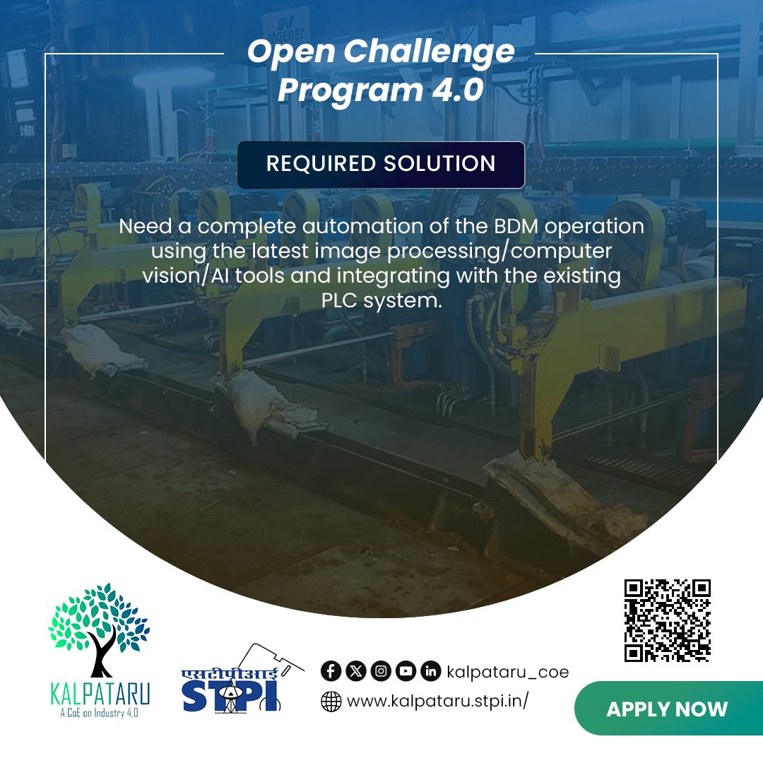 STPI_KALPATARU's tweet photo. Develop an #Industry4.0 solution for "Automation of Billet Discharging Machine Operation" for @RINL_VSP problem statement by participating in the #OCP4.0 of #KALPATARU_COE
Apply: https://t.co/Db76PdoNlO
@arvindtw @DeveshTyagii @KavithaC8 @stpiindia @stpinext #STPIINDIA #STPICoEs https://t.co/pZJ9e9JGK4