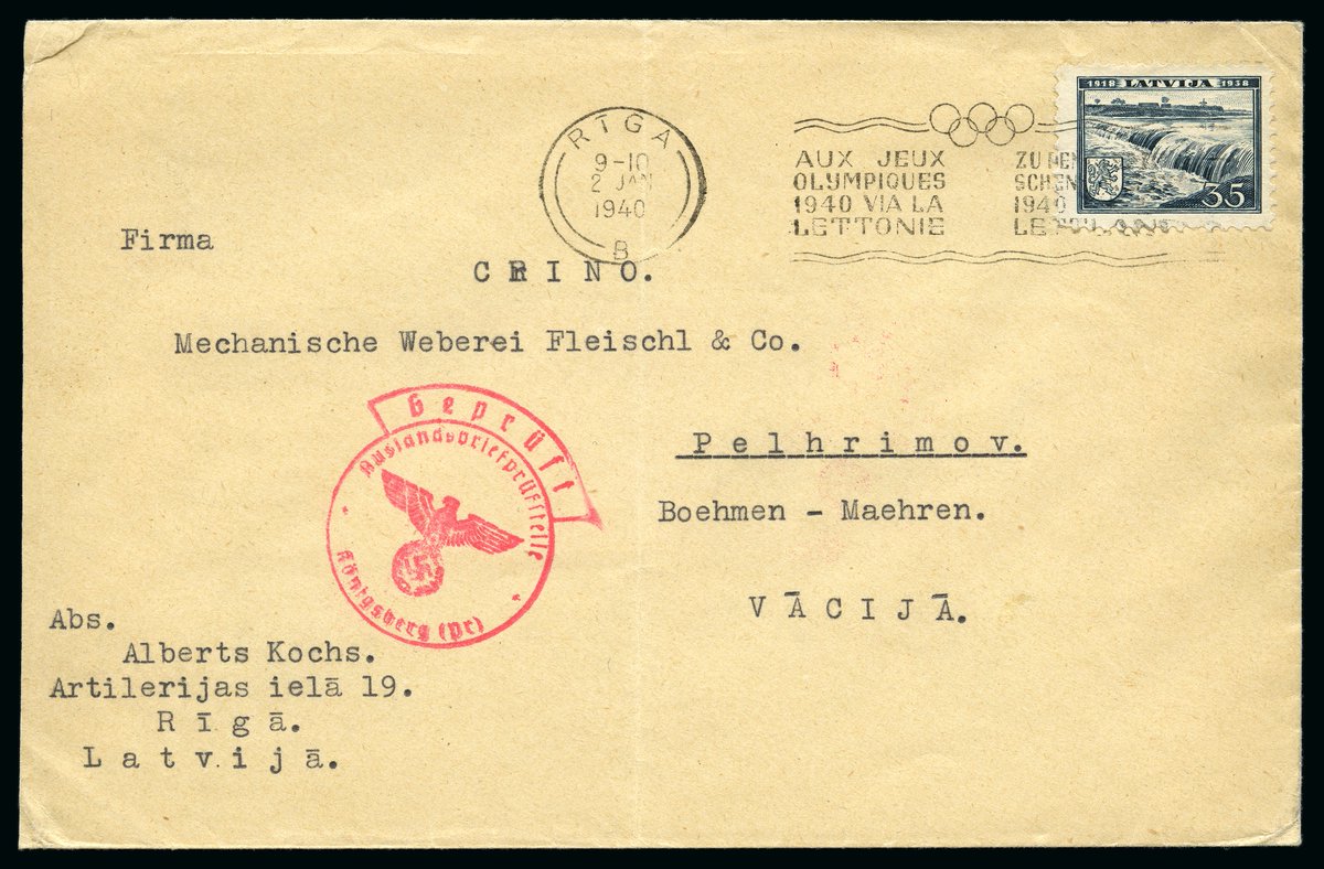 Thematics Olympic Games
1940 Olympic Games, Helsinki 🇫🇮 
World War II had broken out in September 1939, with the Games' cancellation coming soon afterwards.

Latvia 1940 - “AUX JEUX OLYMPIQUES 1940 VIA LA LETTONIE” slogan machine cancel, to censored cover to Germany. #philately