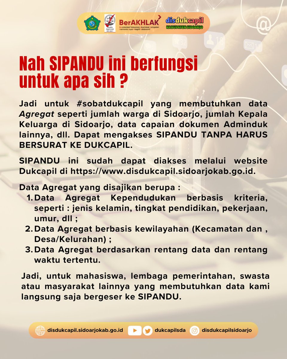 Panggilan kepada Mahasiswa yang mau penelitian di Dukcapil Sidoarjo dan siapapun yang membutuhkan data, jika membutuhkan data tidak perlu bersurat lagi, semuanya sudah di publikasikan di SIPANDU. 💯