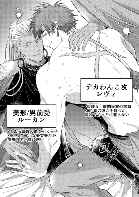 アンソロに寄稿した2人は #部族オメガバース の派生CPでした!🏹大好きなワンコ攻×男前受に身分差をトッピングしたトリプル性癖です!全方向イケメンがたった1人にだけ弱い、という構図が大好きです…🫶
#BL自由帳 #創作BL #部族オメガバース 