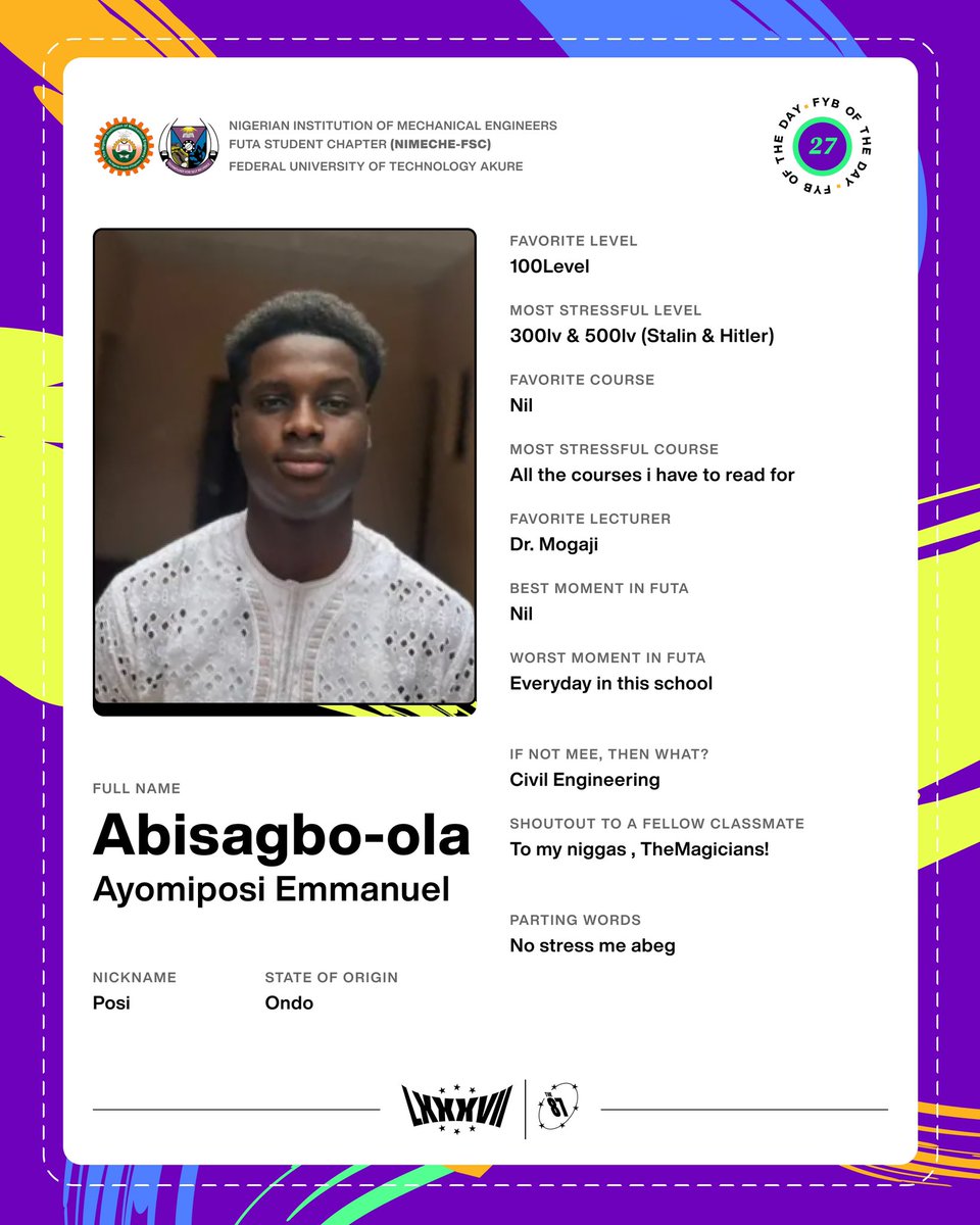 meeclass23's tweet photo. Meet Abisagbo-ola Ayomiposi, aka Ayomiposi, icon of #The87! ๐คฉ Serious about academics, but also a Classic Yoruba Demon ๐. Don't be fooled, he's got a soft spot for helping hands & lively classes! Thanks for your "smart" contributions, Posi-Odogwu! ๐โจ #FybOfTheDay #meeclass23 https://t.co/rRverQoSX2