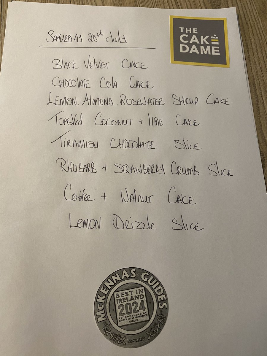 cake_dame's tweet photo. Saturday 20th July List … 
Yes the weather is foul but I’ll be open at noon and I have cake to brighten up your day … 
Todays list . 
To reserve a slice or a selection please WhatsApp 0861719723 . https://t.co/rtnBIRjxdv
