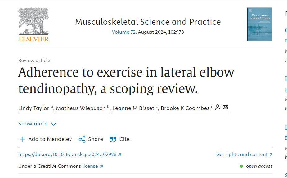 MSKPhysioJnl's tweet image. Exercise adherence is poorly reported in studies of LET( lateral elbow tendinopathy). Thus, Standardization of reporting of exercise adherence is needed. 
Link to the article  buff.ly/4d6vDAR