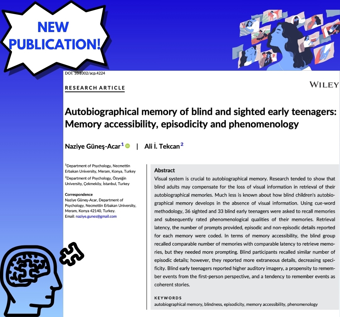 OzuPsych's tweet photo. 📑 🔎 The study titled “Autobiographical memory of blind and sighted early teenagers: Memory accessibility, episodicity and phenomenology,” of which our faculty member Prof. Dr. Ali Tekcan is among the authors, has been published in the Journal of Applied Cognitive Psychology. 💫 https://t.co/E5dN8P9xR3