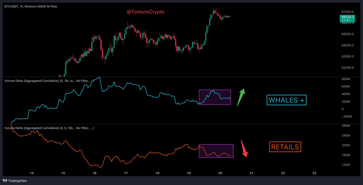 TontonsCrypto's tweet photo. 📢SI ON RÉSUME:

👉Tu as compris qu'on allait en BULL RUN🚀 ?
👉 Mais tu attends un retracement↘️ pour entrer car c'est bien trop haut ?
👉 voir même :  dynamique de groupe + idée de génie = je vais shorter le BTC !⛔️

Alors ATTENTION tu risques  d'être déçu!

POURQUOI: 
1) Le pump a été initié en grande partie par les WHALES et plutôt sur le SPOT (= croissance organique= la tendance) -> voir graphe Hyblock + Coinalyse

2) Dans ce genre de cas, le but est très souvent de ne laisser que très peu d'espace à ceux qui veulent prendre le train en route (cela s'entend vu la faiblesse de l'offre)

3) Beaucoup ne réalisent pas l'explosivité du cours du BTC, et se risquent à shorter contre-tendance (voir la hausse de l'OI et la baisse des Funding sur la partie 1 de coinalyse), dans un second temps(la partie 2 du graphe)  on voit que les Funding augmentent mais que l'OI baisse = fermeture de positions et majoritairement les SHORTs qui prennent leurs profits.

EN RÉSUMÉ : 
👉 prendre des profits dans cette zone pour les traders c'est PRO✅
👉 shorter le marché dans ces conditions c'est pas PRO❌
👉 attendre un retracement pour prendre le train est potentiellement le piège, pour te faire courir après le cours s'il repart à la hausse et de FOMO
👉 une hausse en escalier CT est probable

Si tu es encore là c'est que cela mérite un RT & like ? 😉

Pour plus de conseils et d'analyses:
https://t.co/ZWe4qnyIMe