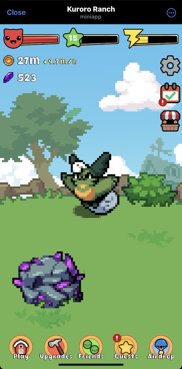 eeelistar's tweet photo. The only TON game I’m actually playing

Some improvement ideas:
– Visual changes in the environment when you buy upgrades
– More customisability (naming your pet, place items around the Ranch, choose pet colour at the beginning)
– Ability to unlock more pets (maybe even trade them with other players, when traded they keep their level + colour)