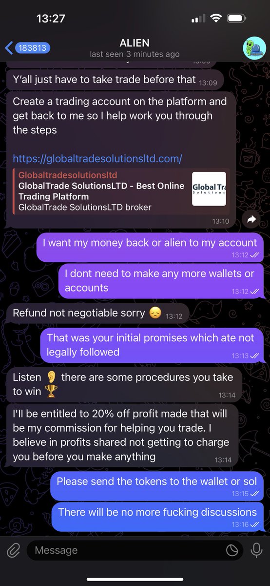 $ALIEN a week ago i happened to get scammed by the ALIEN… Shortly, you find naive people to send your your funds, then you wait for a week, and then you start a new game on top of what already happened to bankrupt you even more… Pathetic people with shit morale! #stayaway