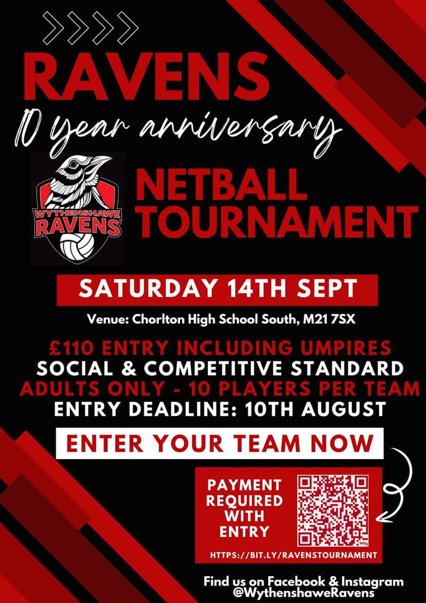 WyRavensNetball's tweet photo. Ravens are holding our first ever netball tournament to mark our 1️⃣0️⃣ year anniversary this year! 

Details to sign up are included in QR code below, or using the following link: 

https://t.co/2hySe642Ia

This is open to MENL and non-MENL teams alike, and it should be a fun day! https://t.co/bJ08M7a1mY