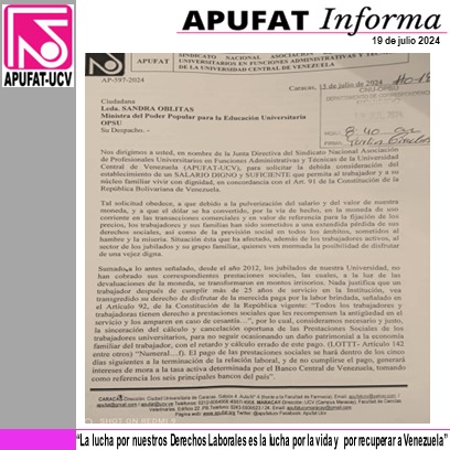 apufatucv's tweet photo. La Junta Directiva de APUFAT envió comunicación a los Ministros de Educación Universitaria y del Trabajo exigiendo que se respeten los derechos constitucionales y contractuales de los trabajadores a contar con un Salario Digno, como lo establece la Constitución de la República. https://t.co/1bEfZOQSx0