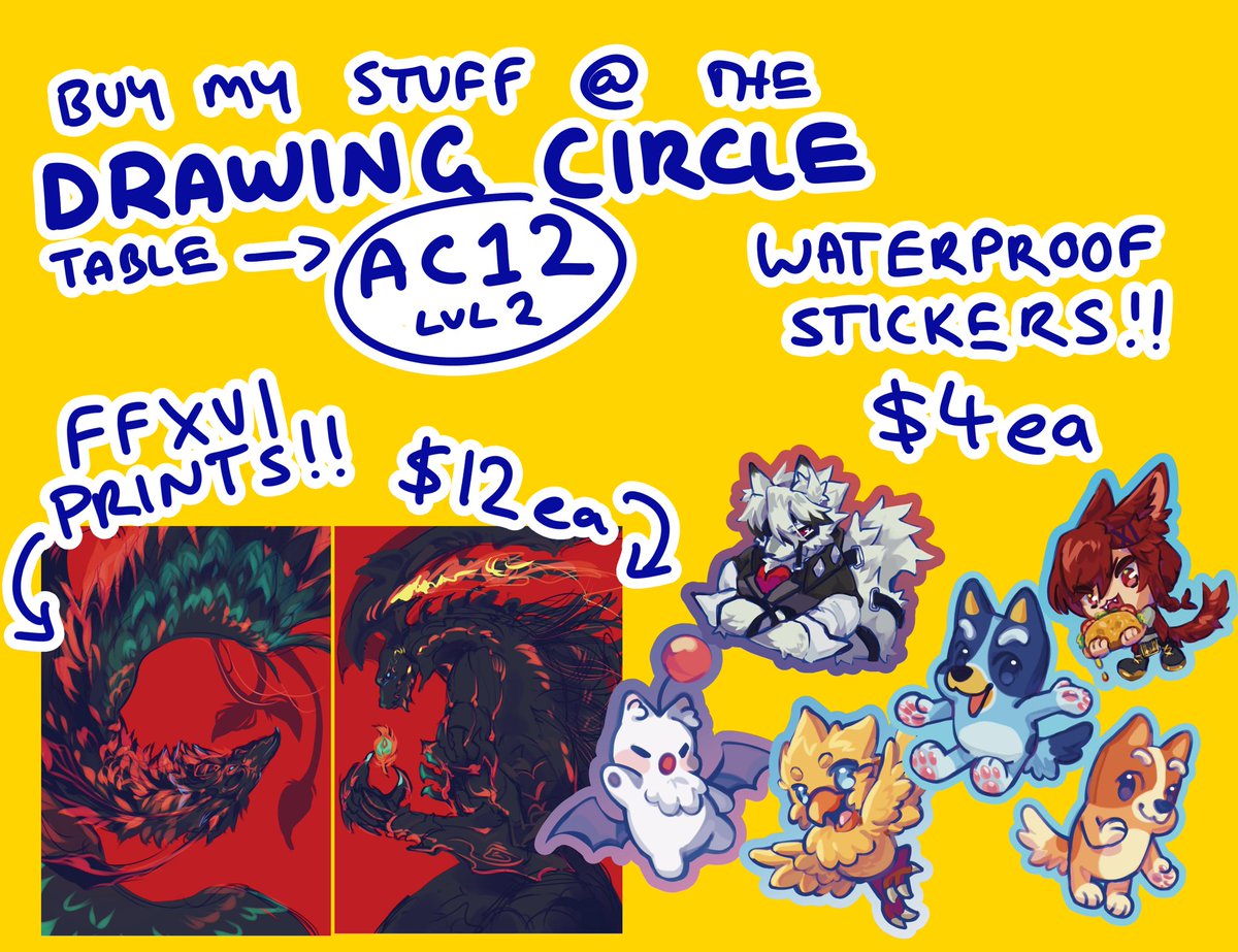 arkypilot's tweet photo. MY WORK IS BEING SOLD AT THE DRAWING CIRCLE TABLE (AC12 lvl 2) AT #smashcon AGAIN THIS YEAR ! (Not tabling, my stuff is just being sold there !)
i got FFXVI phoenix &amp; ifrit prints !
and for stickers we got g'raha (ffxiv), von lycaon (zzz), a chocobo + moogle and BLUEY + BINGO ! https://t.co/yxDSuCsBQb