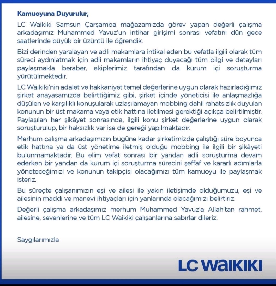 Ulan #LCW Çalışanınız #intihar ediyor siz böyle mi açıklama yapıyosunuz? Sizden başka herkes suçlu ama siz püri pak. Zaten sizden alışveriş yapmadığım gibi dükkanlarınızın önünden bile geçmiyordum.
Ulan #MobbingciKatilEmrahCan sen nasıl uyuyosun. Bundan sonra nasıl uyuyacaksın?