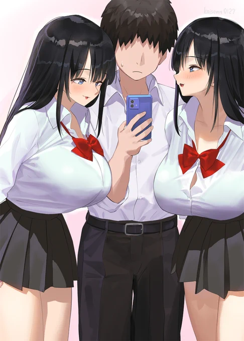 巨乳の双子に好かれたせいでいつもおっぱいに挟まれている男子のイラスト 