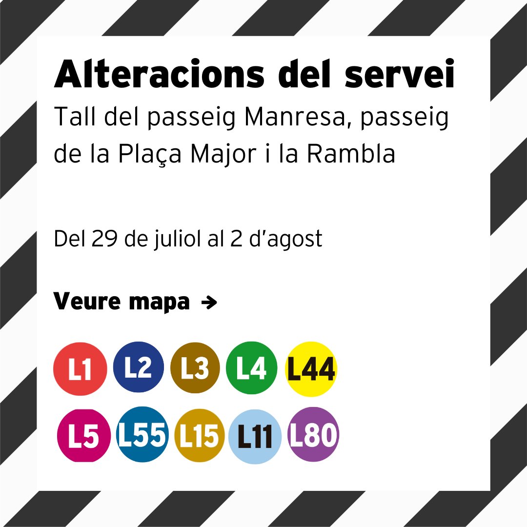 tussccl's tweet photo. ⚠️🚧🚍 Afectacions al servei amb motiu del tall de la Rambla per la reparació de la calçada.
📅 Del 29 de juliol al 2 d'agost
👉 Consulta els desviaments:
https://t.co/Mc2eCQEwK9
#TusSabadell https://t.co/Quh7qCgDZR