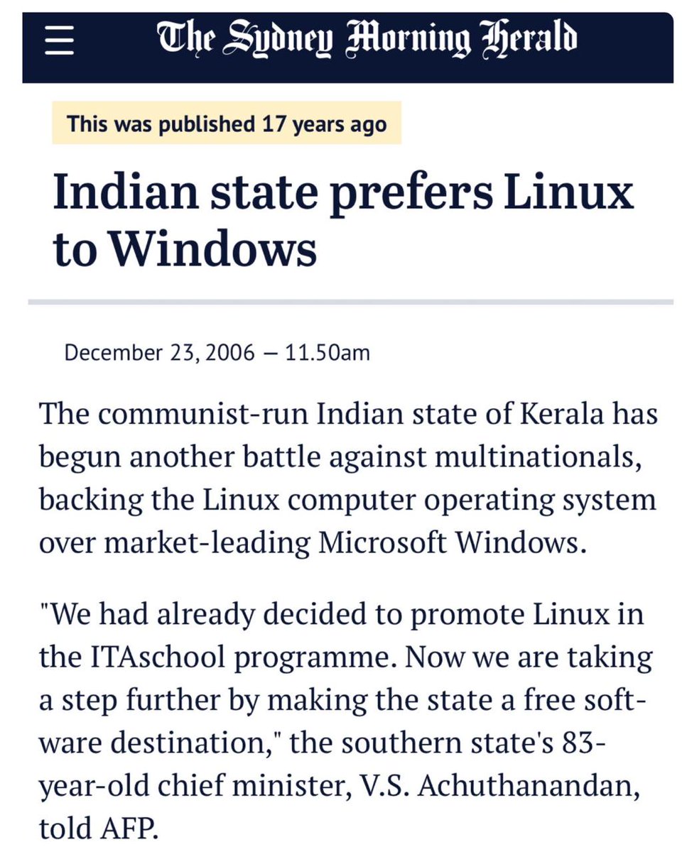 SitaramYechury's tweet image. The current global IT outages totally disrupting vital sectors show the wisdom of the 2007 Kerala LDF govt’s visionary move to promote #FreeSoftware, reducing reliance on proprietary systems.
The Central govt must, now, initiate such a shift to meet the needs of resilience and…