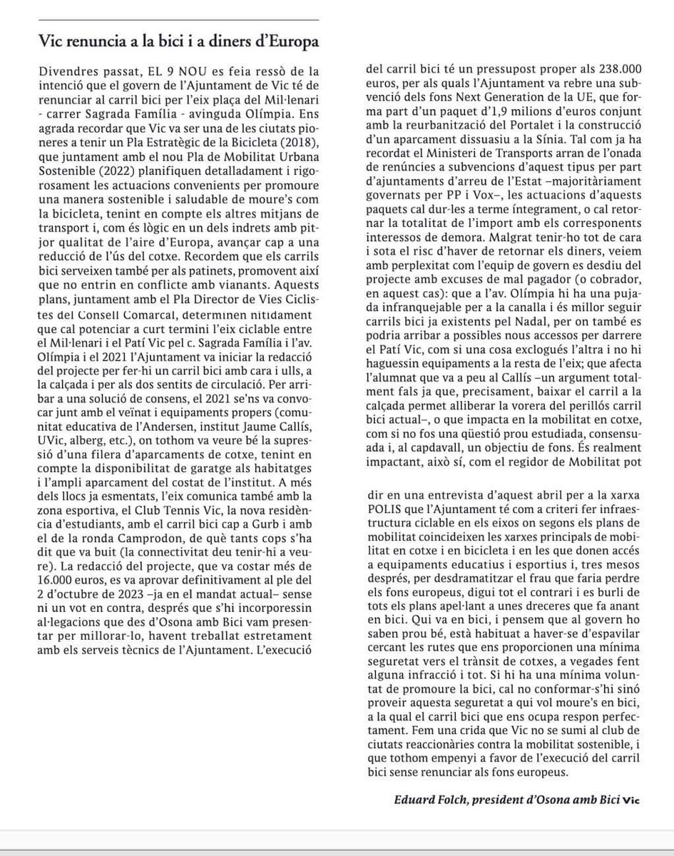amicsdelanatura's tweet photo. Sembla surrealista que @aj_vic  desestimi recolzar  mobilitat sostenible renunciant al tram ciclable zona esportiva  Vic. També els pobles veïns el necessitem , com  la via cicliste roda -vic. @OsonaBici https://t.co/AUlwqn5zuO