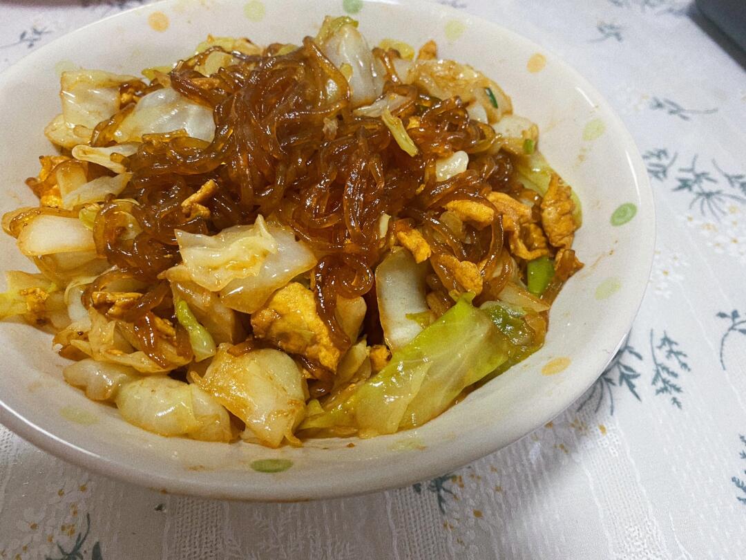 ハッピー煮込みチキンナゲット、ドライライス、春雨入り卵炒め、キャベツ、#スーパーフード