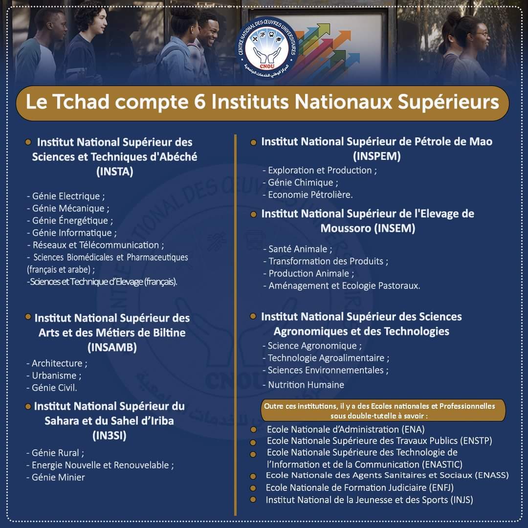 CnouTchad's tweet photo. 🟦 𝐂𝐡𝐞𝐫𝐬 𝐧𝐨𝐮𝐯𝐞𝐚𝐮𝐱 𝐛𝐚𝐜𝐡𝐞𝐥𝐢𝐞𝐫𝐬 🧑‍🎓, il existe au Tchad, des 𝐈𝐧𝐬𝐭𝐢𝐭𝐮𝐭𝐬 𝐍𝐚𝐭𝐢𝐨𝐧𝐚𝐮𝐱 𝐒𝐮𝐩𝐞́𝐫𝐢𝐞𝐮𝐫𝐬 qui offrent des formations dans divers domaines. 

#Tchad #Ministère de l'Enseignement Supérieur Tchad #CNOU https://t.co/XE3493Iveh