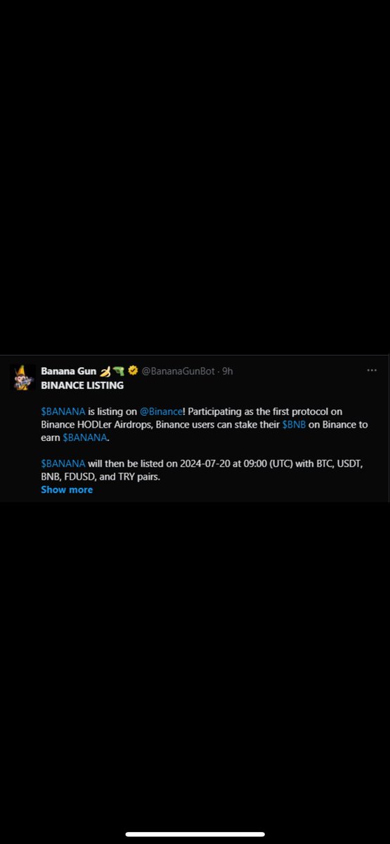 cocabrick7's tweet photo. $BANANA list Binance
@Banana là dự án tele bot cho phép giao dịch token trên dex, hỗ trợ 4 chain nổi bật : sol , eth , blast và base
Dự án tạo ra usecase với thưởng staking cao 35-37%, thưởng đến từ reg share ( 40% )-  hiện đang là dự án được đánh giá cao và mang tính cạnh tranh trong mảng trading bot 😝
Trade meme có bot xịn hàng binance list thì tự tin thui 😻