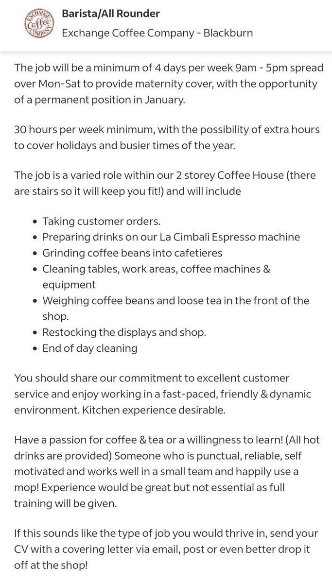 Job Vacancy! We are hiring at our Blackburn shop. For more details &amp; to apply, visit Indeed.com or pop in &amp; say hi with your CV ☕️