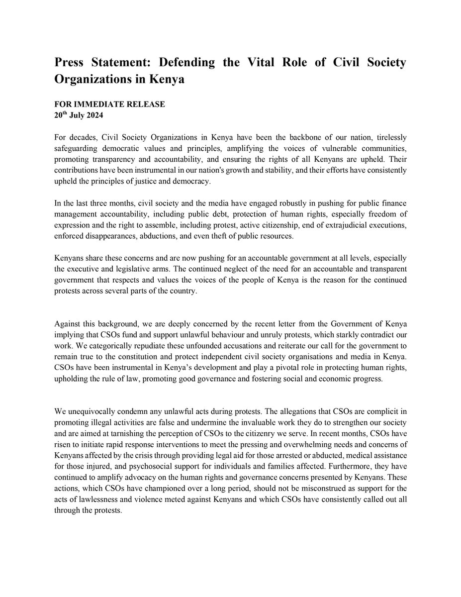 DefendersKE's tweet photo. PRESS STATEMENT

We, the civil society in Kenya , are deeply concerned by the recent letter by the Government of Kenya implying that civil society fund and support unlawful behaviour and unruly protests, which are a stark contradiction to our work. We categorically repudiate these unfounded accusations and ask the government to remain true to the constitution and protect independent civil society organisations and media in Kenya. #StandUp4HumanRights