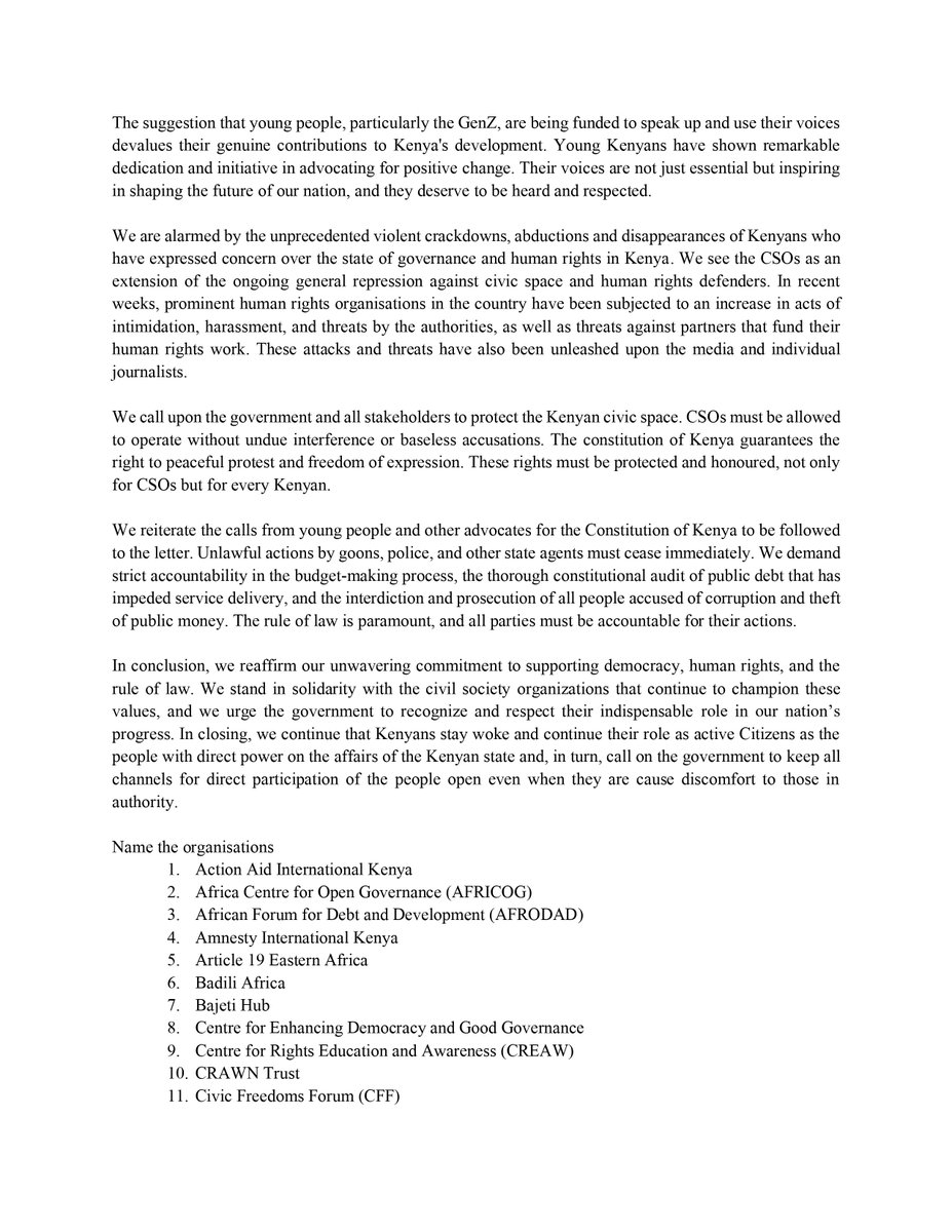 DefendersKE's tweet photo. PRESS STATEMENT

We, the civil society in Kenya , are deeply concerned by the recent letter by the Government of Kenya implying that civil society fund and support unlawful behaviour and unruly protests, which are a stark contradiction to our work. We categorically repudiate these unfounded accusations and ask the government to remain true to the constitution and protect independent civil society organisations and media in Kenya. #StandUp4HumanRights