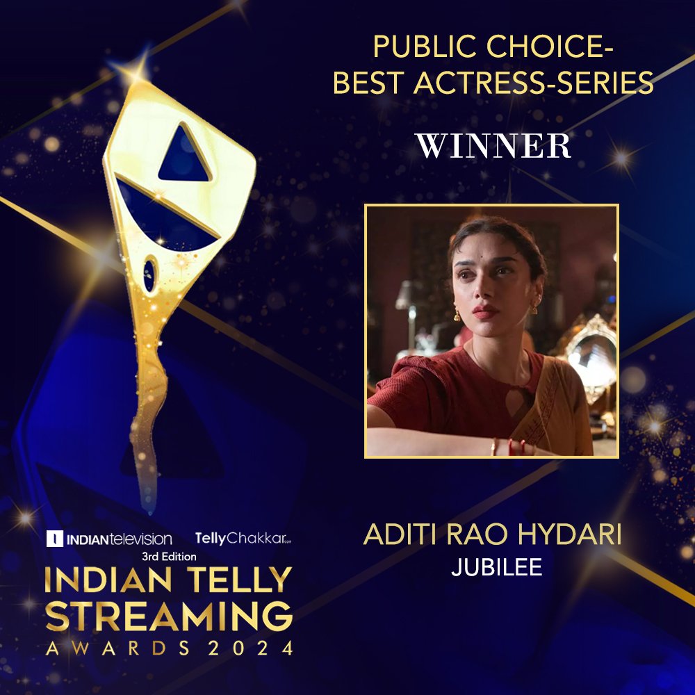 RelianceEnt's tweet image. Congratulations to the talented @aditiraohydari for Best Actress (Public Choice) in the web series #Jubliee at the #IndianTellyStreamingAwards2024 
#itsa2024